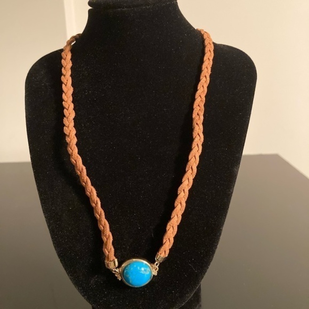 Express Braided Tan Necklace with Blue Pendant